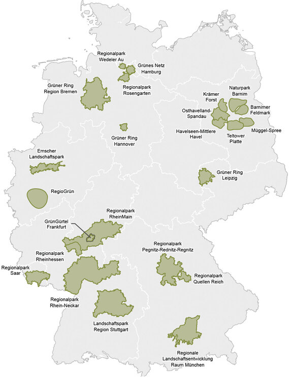 Lage und Abgrenzung der Regionalparks und Grünen Ringe in Deutschland | Quelle: agl